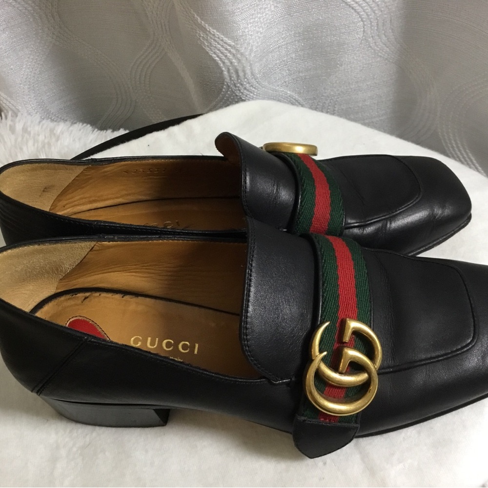 Authentic Gucci Black Leather Loafers with Red and Green Web & Gold Double G - Picture 7 of 12